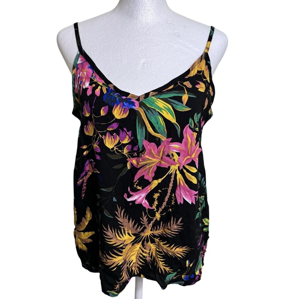 Cynthia Rowley XS Black Tropical Floral Cami Tank Top Resortwear Boho Chic NWT